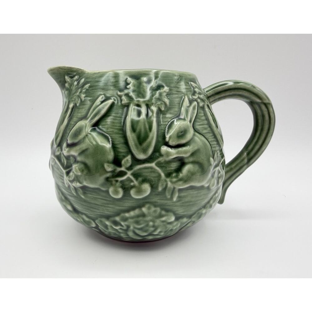 Bordallo Pinheiro Green Majolica Bunny Rabbit Creamer Pitcher 4” Portugal VNTG